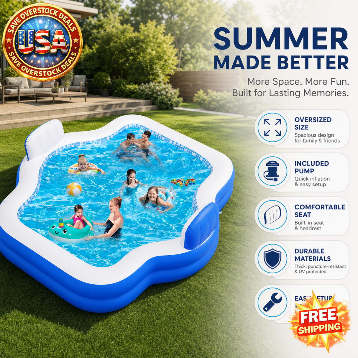 Inflatable Swimming Pool for Adults with Pump, 121 x 90 x 22