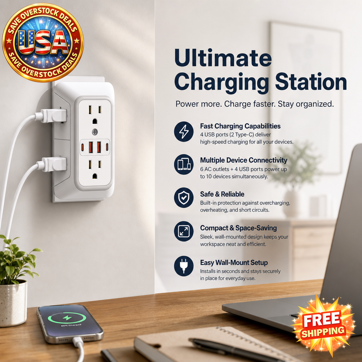US Plug Power Strip with 6 AC Outlets and 4 USB Ports