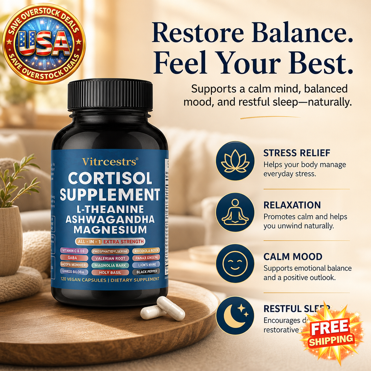 Cortisol Support Supplement with Magnesium for Relaxation