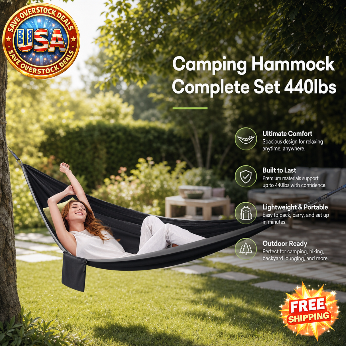 Camping Hammock Set 440lbs Portable with Tree Straps