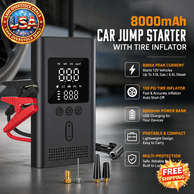 8000mAh Car Jump Starter & Tire Inflator, 150PSI