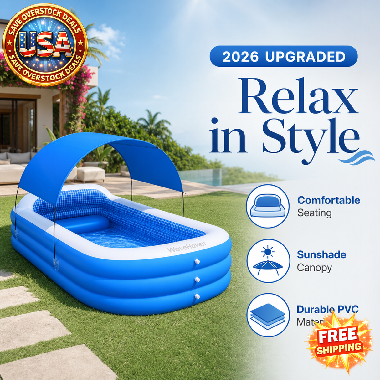 Inflatable Backyard Pool with Canopy and Upgraded Seat