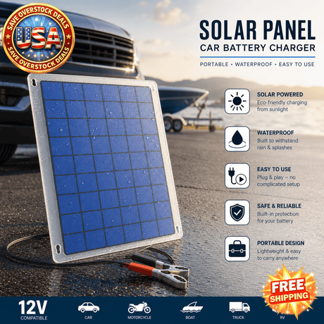 Portable Solar Panel Car Battery Charger - Waterproof 12V