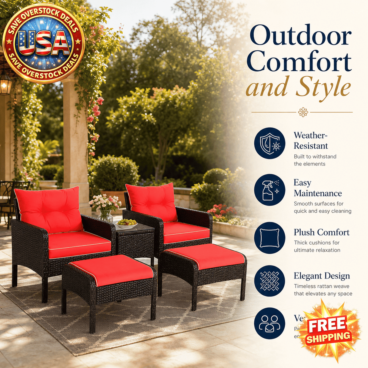 5 Pieces Rattan Sofa Ottoman Set with Cushions for Patio