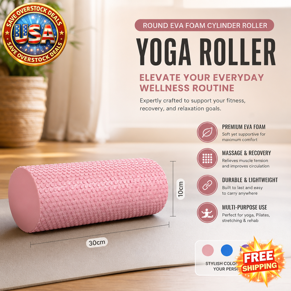 Yoga Foam Roller for Pilates - 10cm Diameter, 30cm Length
