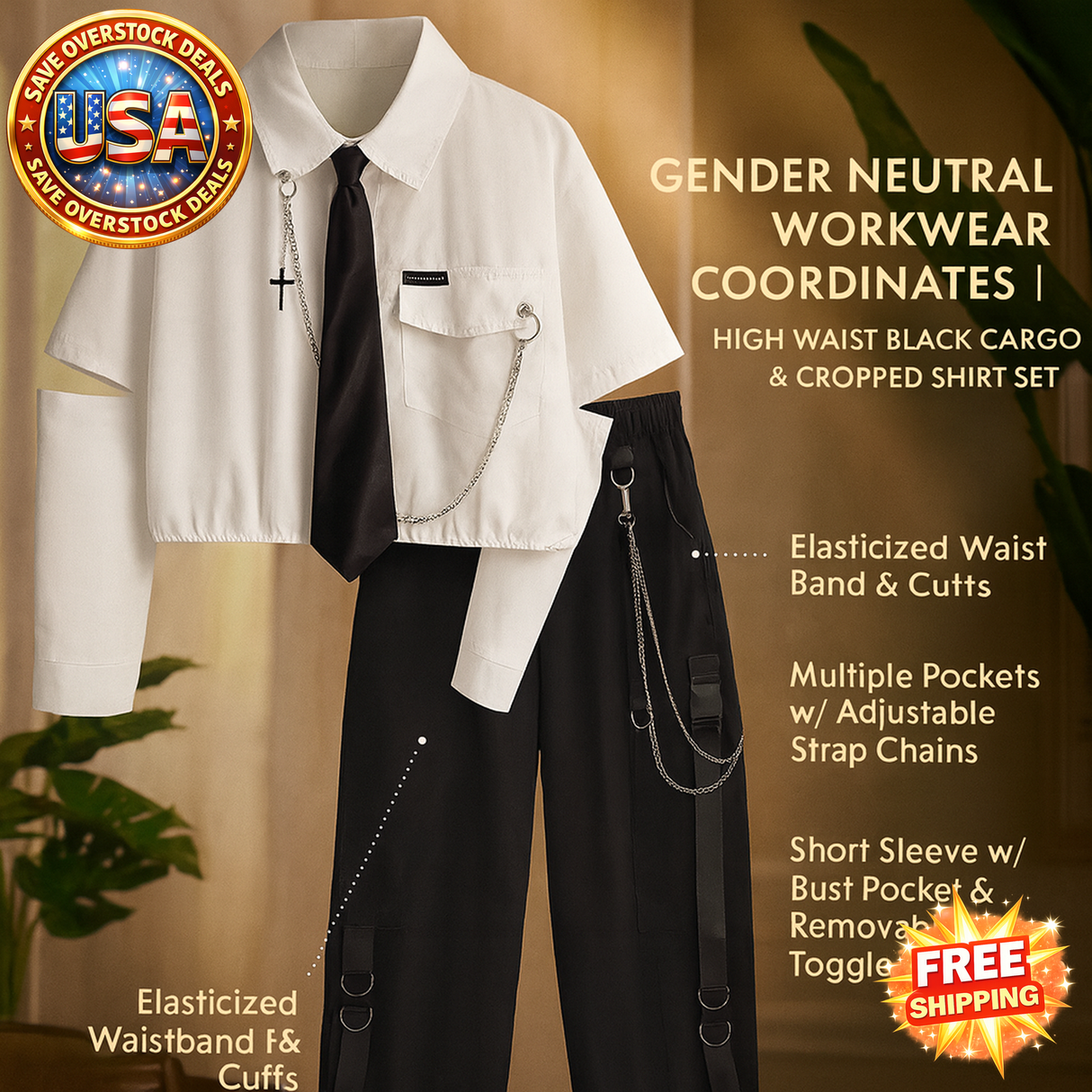 Gender Neutral High Waist Black Cargo & Cropped Shirt Set - Unisex Outfit