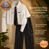 Gender Neutral High Waist Black Cargo & Cropped Shirt Set - Unisex Outfit