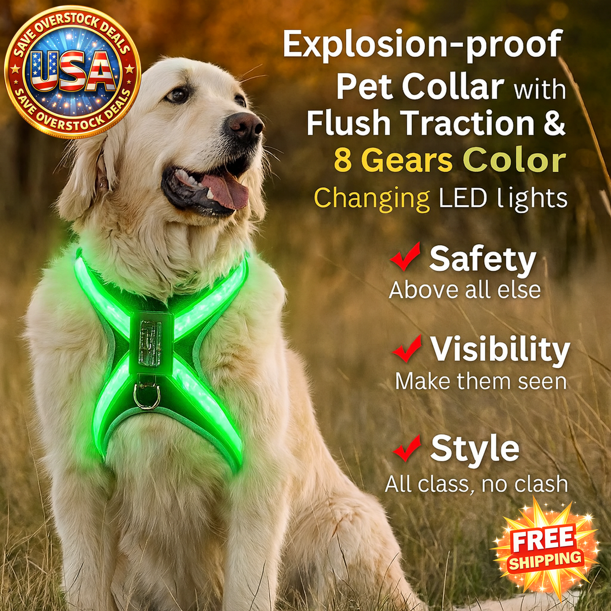 Color Changing LED Light Pet Collar with 8 Gears - Explosion-Proof Traction