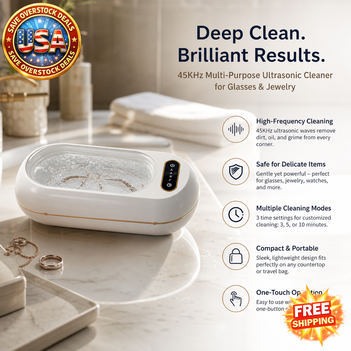 Ultrasonic Cleaner for Glasses & Jewelry - 45KHz Efficient Bath