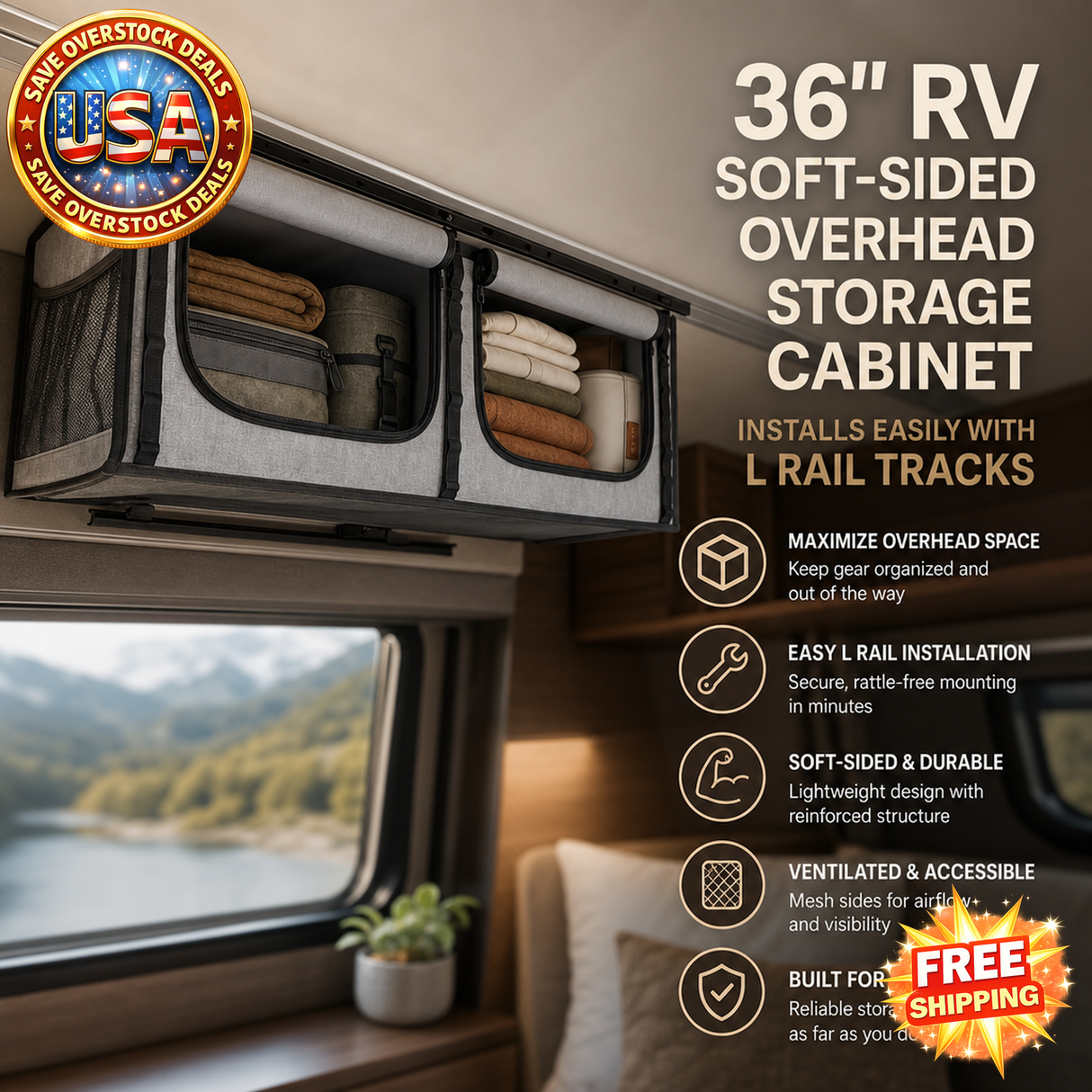 36" Soft-Sided Overhead Storage Cabinet with L Rail Tracks