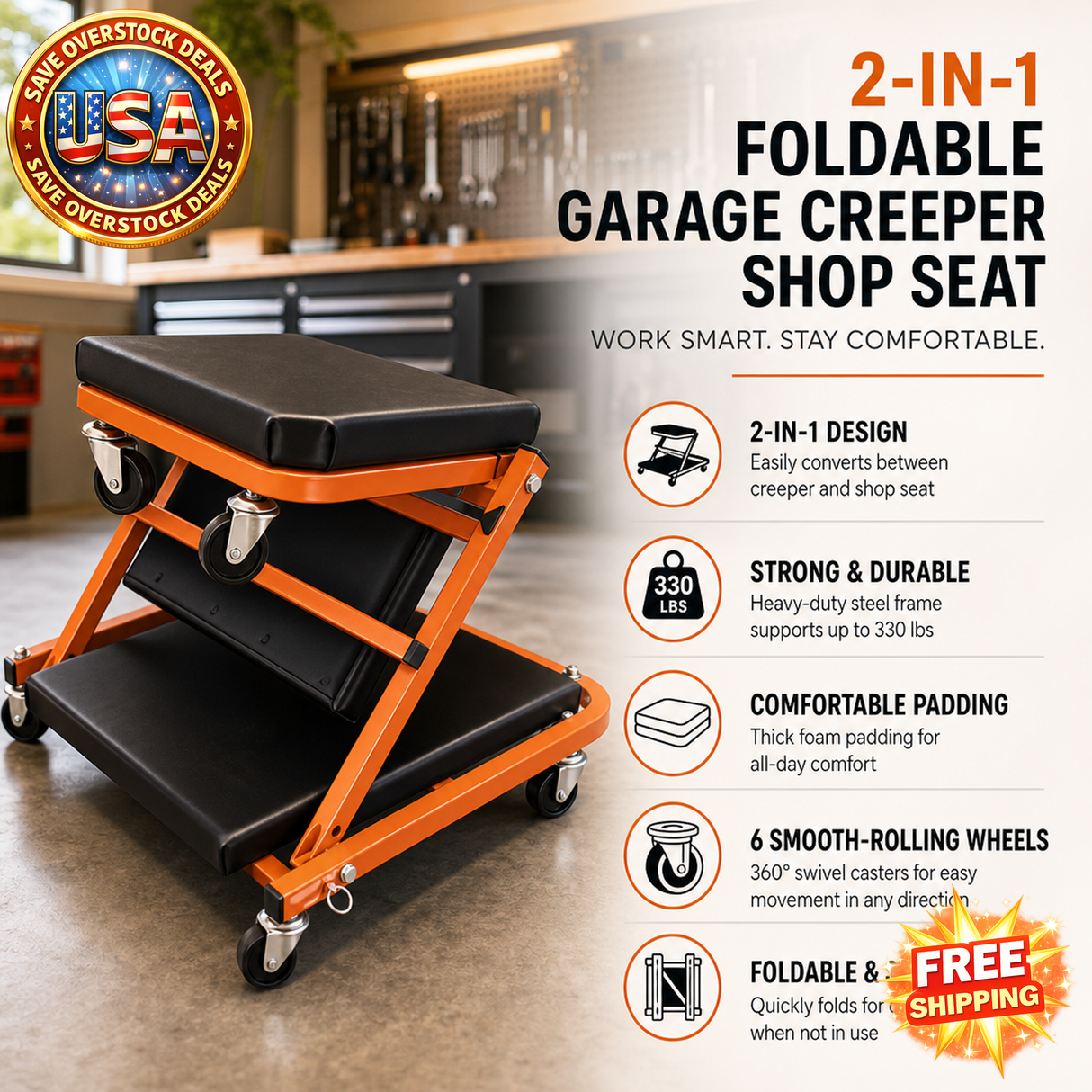 2-in-1 Foldable Garage Creeper Shop Seat, 300LBS Capacity