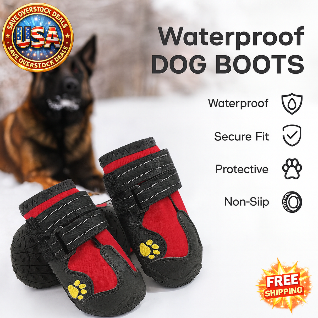 Waterproof Dog Boots Warm Snow 4pcs Set Reflective Anti-Slip for Medium Large Dogs