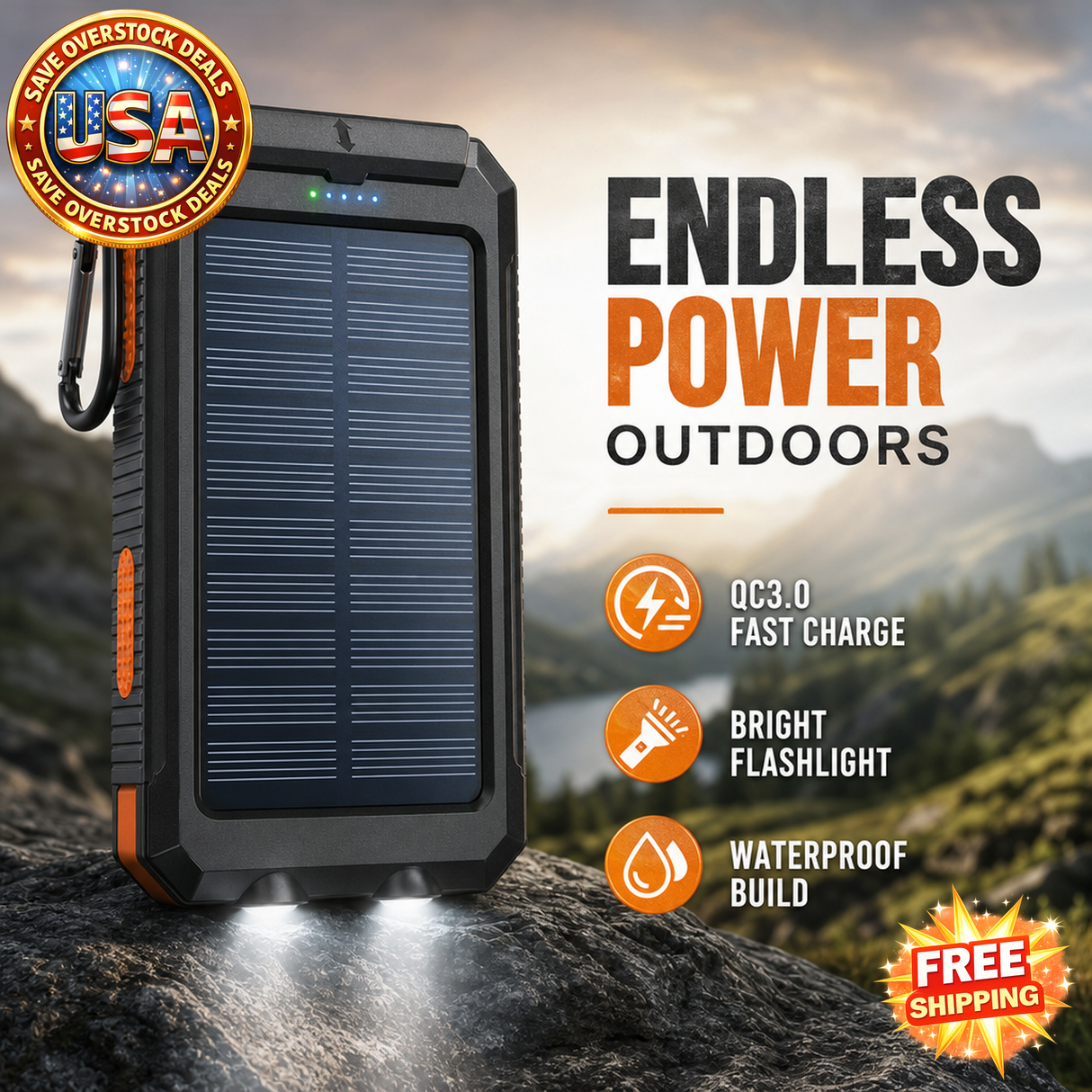 10000mAh Solar Power Bank with QC3.0 Fast Charge & Flashlight